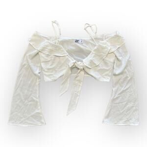 Tiger Mist White Ruffled Cold Shoulder‎ Tie Front Flare Sleeve Crop Top Size L